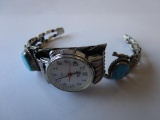 Ladies silver and turquoise old pawn-style watch band needs repair with Timex Indiglo quartz watch