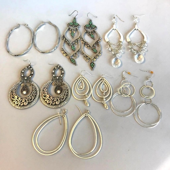 Lot of 7 Misc. Pairs of Silver-Toned Pierced Costume Earrings