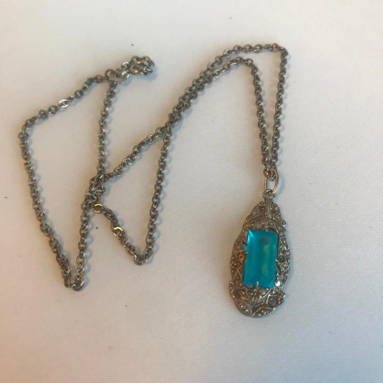 835 Fine Silver Necklace with 830 Fine Silver Pendant and Semi-Precious Center Stone