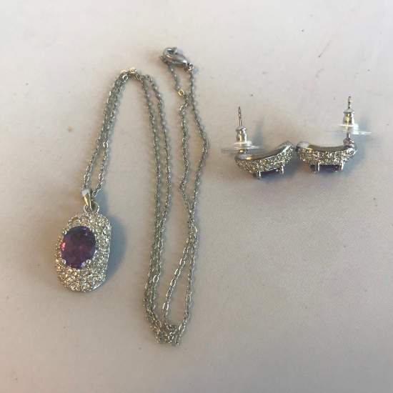 Silver-Toned Necklace and Earrings Set with Purple Center Stones and Rhinestone Details
