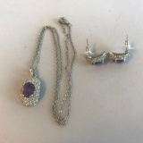 Silver-Toned Necklace and Earrings Set with Purple Center Stones and Rhinestone Details