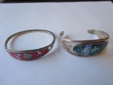 Lot of 2 Mexico Alpaca and Taxco bracelets with mother of pearl inlay. 27.12g TW