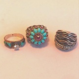 Lot of 3 Misc. Gold-Toned and Silver-Toned Costume Rings w/ Various Center Stones and Embellishments