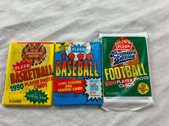 1990 Fleer Baseball, Basketball and Football Lot of 3 SEALED Wax Packs