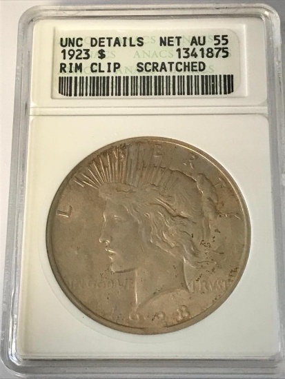 1923 Peace Silver Dollar $1 Coin ANACS AU-55 Rim Clip Scratched