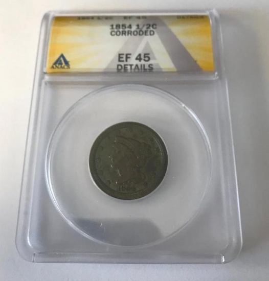 1854 US Braided Hair Half Cent Graded EF45 by ANACS Slabbed