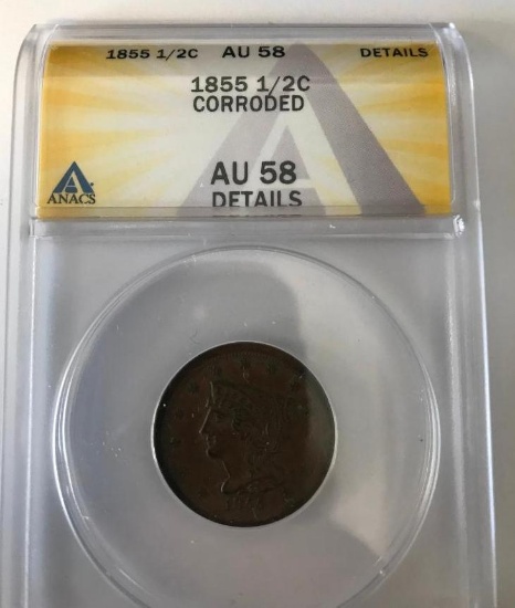 1855 US Braided Hair Half Cent ANACS AU58 Details