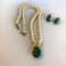 Faux-Pearl and Faux-Emerald Necklace and Pierced Earring Set w/ Rhinestone Detail