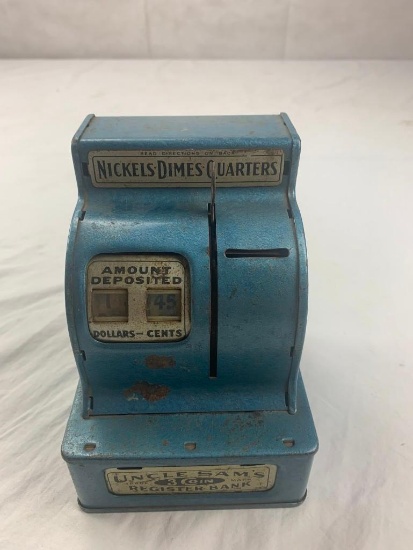 Vintage Blue Uncle Sam?s 3-Coin Register Bank Durable Toy & Novelty Co.