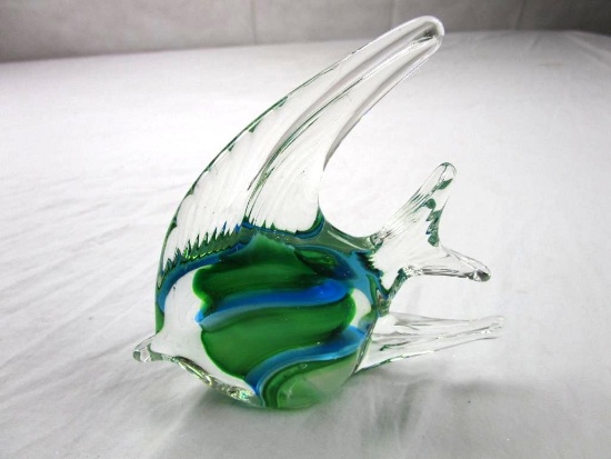 Green, blue and clear glass fish paperweight 5.5" tall.