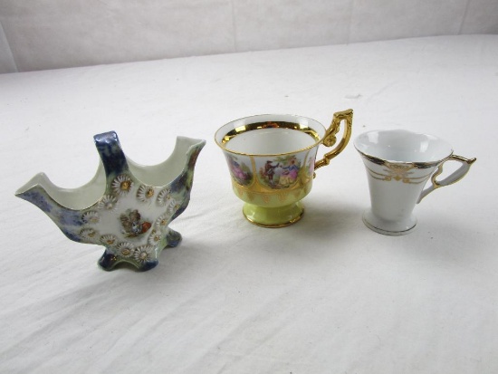 Lot of 3 vintage porcelain pieces: 2 cups and a miniature decorative vase