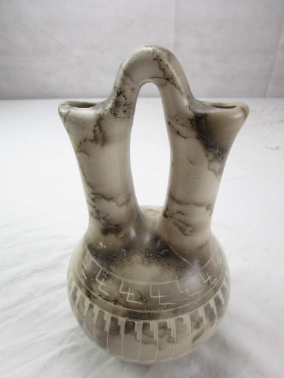 Native American horse hair ceramic wedding vase. 7" tall.