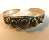 Silver Toned Costume Bangle Bracelet with Tigers Eye Center Stones