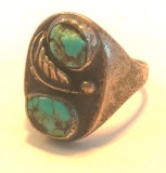 Sterling Silver Ring with Feather and Turquoise Center Stones Size 11 | 14.54 grams.