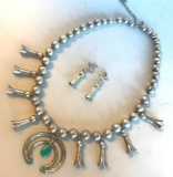 Sterling Silver & Turquoise Native American Squash Blossom Necklace and Earrings 121.58 grams TW.