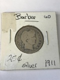 1911 US Barber Quarter 25 Cent Coin 90% Silver