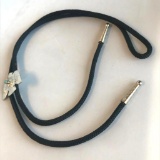 Black Bolo Tie with Silver Toned Bird Center Clasp and a Blue Accent Stone