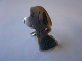 Silver and turquoise Snoopy-style ring Sz. 7 3/4 Unmarked tested. Artist mark KL. 6.41g TW