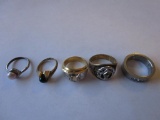 Lot of 5 costume jewelry rings: band, Mason, solitaire stones