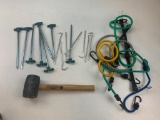Lot of tent Stakes and Bungee Cords with Rubber Hammer