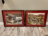 Lot of 2 Framed Prints of a town during winter and Summer