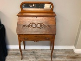 Antique Larkin Ladies Oak Secretary Desk with Beveled Edge Mirror