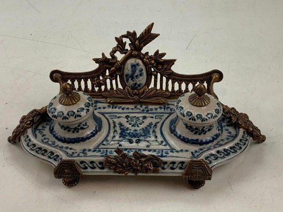 vintage ink well by castilian with Spanish bronze and porcelain antique design