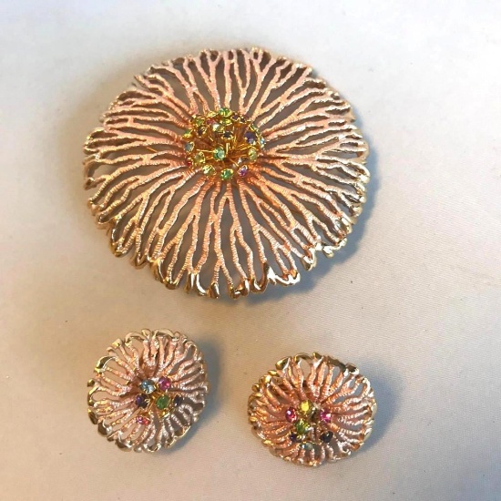 Rose Gold-Toned Flower Brooch and Clip On Earrings Set