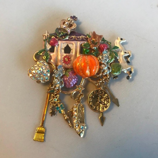 Gold-Toned and Enamel Novelty Cinderella Costume Brooch with Dangling Charms