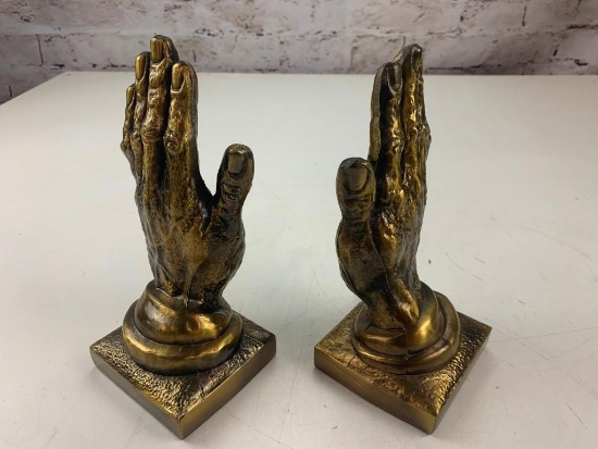2 Vintage Cast Metal Brass Hand Bookends
