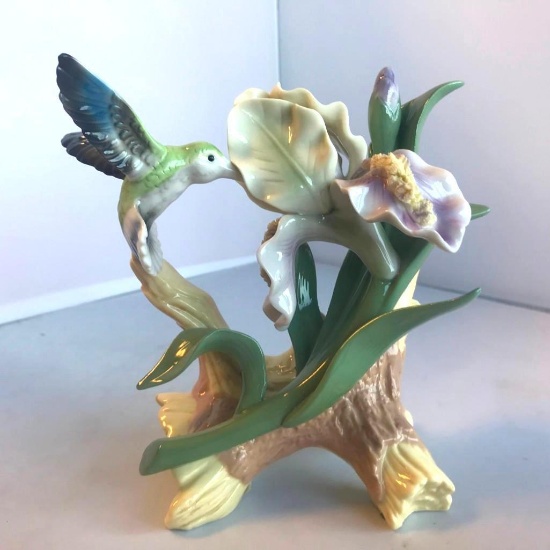 6" Tall x 5.5" Wide Ceramic Sculpture of Flowers and a Hummingbird on a Log