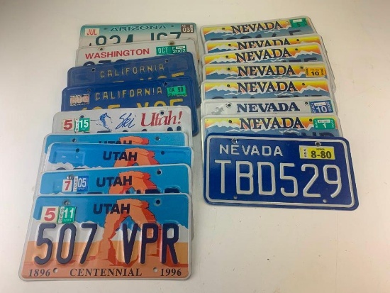 Lot of 17 license plates some vintage- Nevada, Utah, Arizona, California, Washington