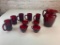 Vintage Red Glass Pitcher with 5 Mugs and 4 Cups