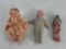 Lot of 3 Vintage Small Dolls, Plastic, Bisque and a Wood Clothes Pin Character Doll