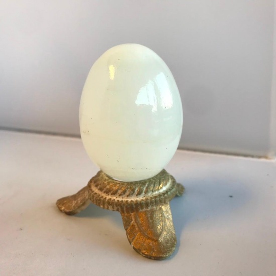 White Stone Egg with Gold-Toned Plastic Stand 3" Tall
