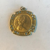 Gold-Toned Elizabeth 1981 Coin Necklace Pendant with Rhinestone Details