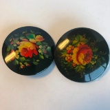 Lot of 2 Similar Black Costume Brooches with Painted Flowers