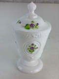 Vintage Fenton candy dish with lid with Violets signed