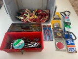 Plastic Tool box with tools plus some tie downs, New Auto Belts and other items