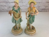 Lot of 2 Vintage Porcelain Bisque Man & Woman Farmers Wheat Harvest Figures Hand Painted
