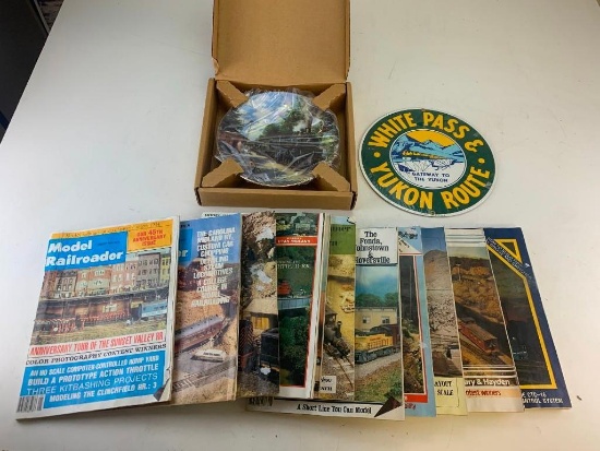 Lot of Model Railroad Magazines , Train Display Plate and a White Pass Yukon Route Metal Sign