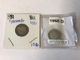 1951 and 1960-D US Roosevelt Dimes Ten Cent Coins