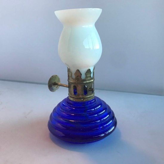 Blue and White Vintage Glass Mini Oil Lamp About 3" Tall Made in Hong Kong