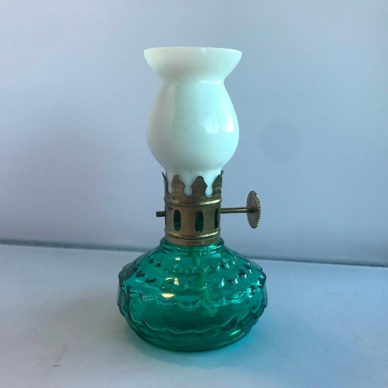 Green and White Vintage Glass Mini Oil Lamp About 3" tall Made in Hong Kong
