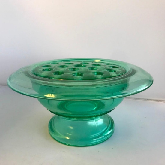 Vintage Green Glass Vase/Bowl with Frog Flower Holder Lid 4" Tall X 7" Wide