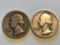 Lot of 2 US Washington Quarters 90% Silver Coins: 1935 and 1942