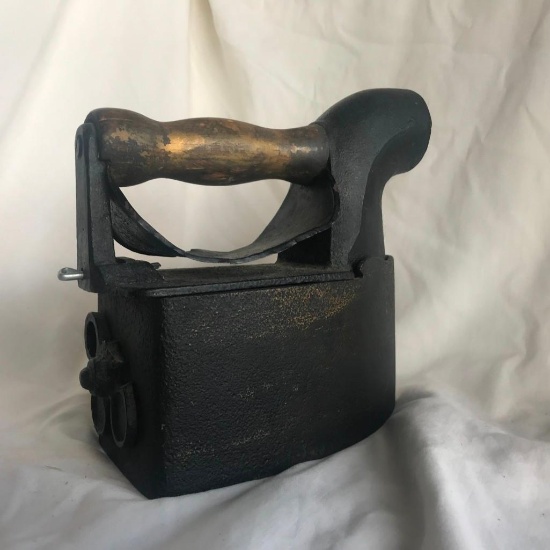 Vintage Clothing Iron with Compartment for Hot Coals, Wooden Handle, and Opening for Smoke