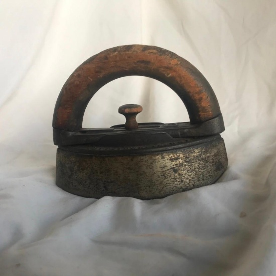 Vintage Cast Iron Laundry Iron with Detachable Wooden Handle