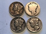 Lot of 4 US Mercury Ten Cent Dime 90% Silver Coin; 1941, 1944, 1945 and No Date