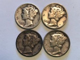 Lot of 4 US Mercury Ten Cent Dime 90% Silver Coin; (4) 1942